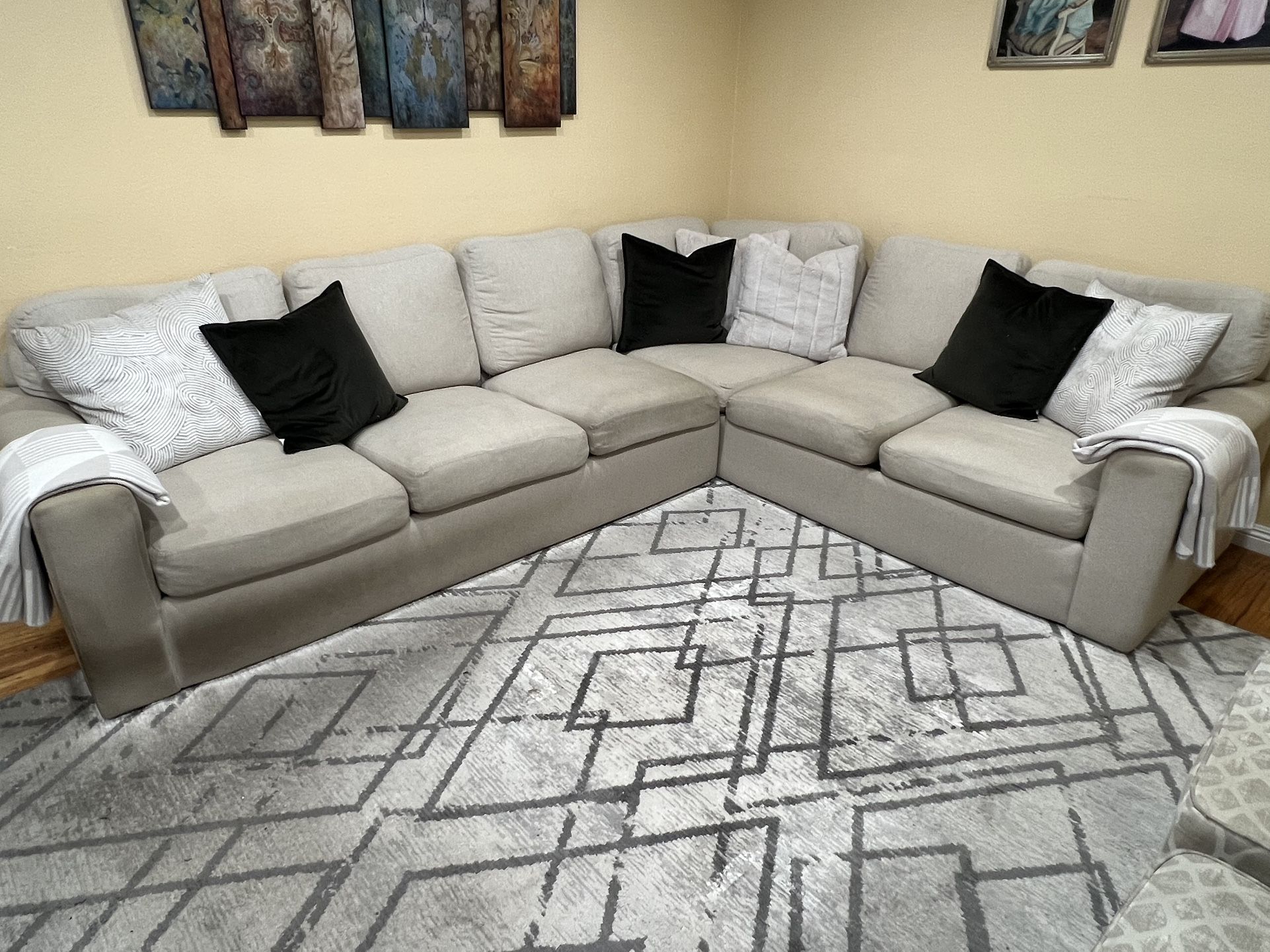 L Sectional Beige Fabric Sofa/Couch With Pillows 