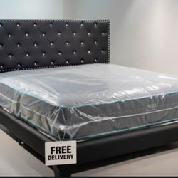 New KING SIZE BED FRAME WITH MATTRESS NEW BEDROOM FURNITURE BED SET DIAMOND HEADBOARD BED WITH MATTRESS AND FREE DELIVERY 