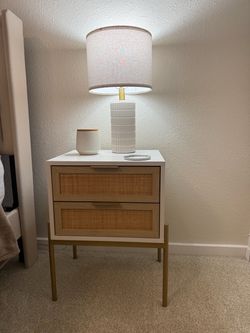 2-Drawer Cane Nightstand with Gold Legs