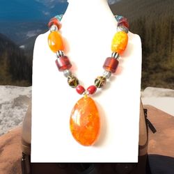 Vintage & Elegant Amber resin Pendant Necklace With Stones & Silver 24”inch & 129grams