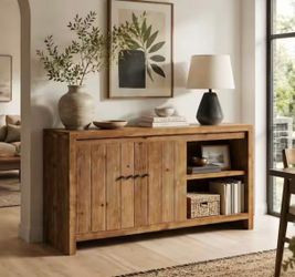 Ahlivia Dark Brown Soild Wood 55 in. W Buffet Cabinet, Farmhouse Sideboards Cabinet with 2-Door and Open Storage