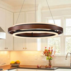 24" Chandelier LED Walnut Light Fixture Adjustable Pendant Farmhouse Bedroom Living Room