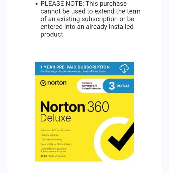 Norton 360 Deluxe 1 Year PRE-Paid 