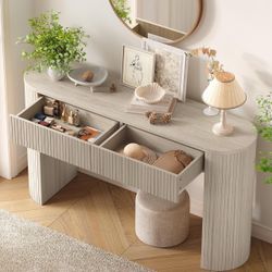 55 Inch Console Table with 2 Drawers, Entryway Tables with Storage Fluted Sofa Table Behind The Couch, Hallway Tables, Mid-Century Modern Foyer Table