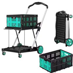 Collapsible Shopping Cart, 8-in-1 200LBS Multi Functional Utility Cart with 2 Storage Crate, Adjustable Handle Grocery Cart on Wheels for Shopping/War