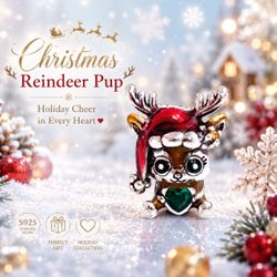 Sterling Silver S925 Christmas Reindeer Pup with Heart Charm on card