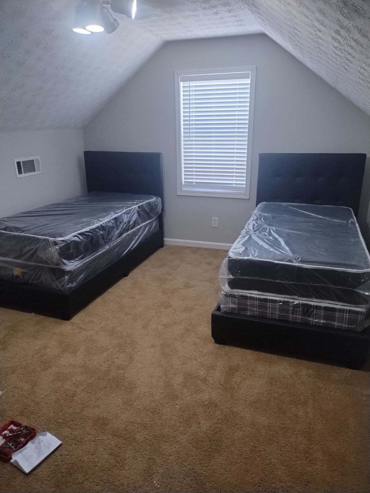 BRAND NEW BLACK OR SMOKE GRAY (2) TWIN BEDS , MATTRESSES & BASE $580! PRICE INCLUDES DELIVERY!  