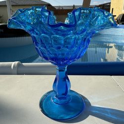 Vintage Fenton Ruffle Colonial Blue Thumbprint Compote Dish/Pedestal Bowl