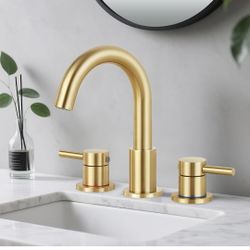 Bathroom Faucet Brushed Gold 3 Hole Widespread 2 Handle Vanity Sink Faucet with Drain