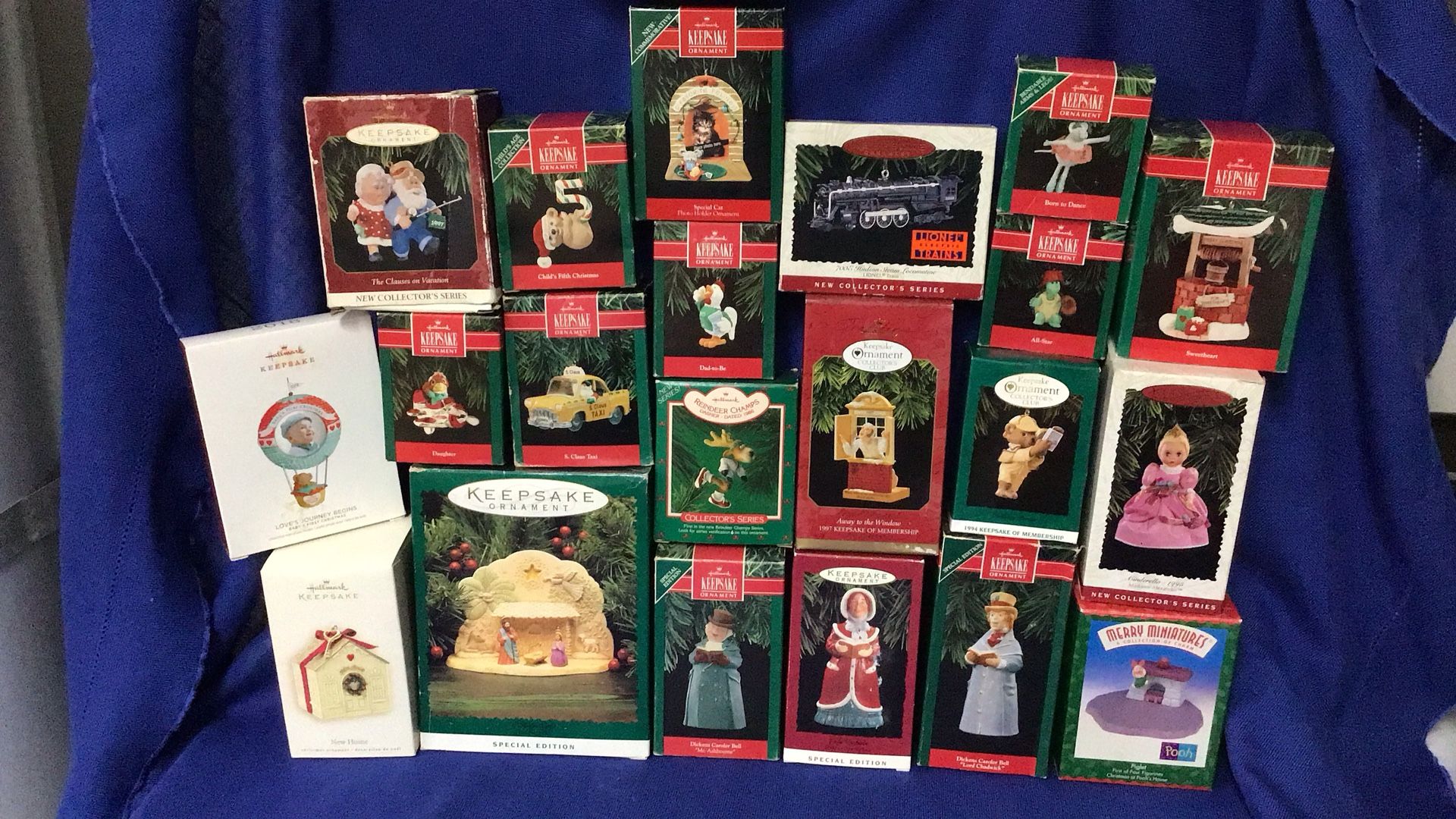 Lot Of Hallmark Ornaments Dickens, Madame Alexander, Santa, Manger Set