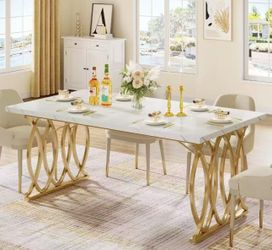 JW0607 63" Modern Dining Table with Faux Marble Tabletop for 4-6 People No Chairs