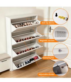 Shoe Storage Cabinet with 4 Flip Drawers, Hidden Wall Mounted Slim Shoe Rack Cabinet, Metal Narrow Shoe Cabinet for Entryway Hallway Small Spaces (Whi