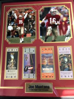 Joe Montana framed pics with Replica Super Bowl Tickets