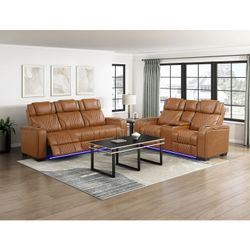 Brand New Brown Real Leather Power Double Reclining Sofa with Center Drop-Down Cup Holders, Power Headrests, Storage Arms with Cup holders, LED