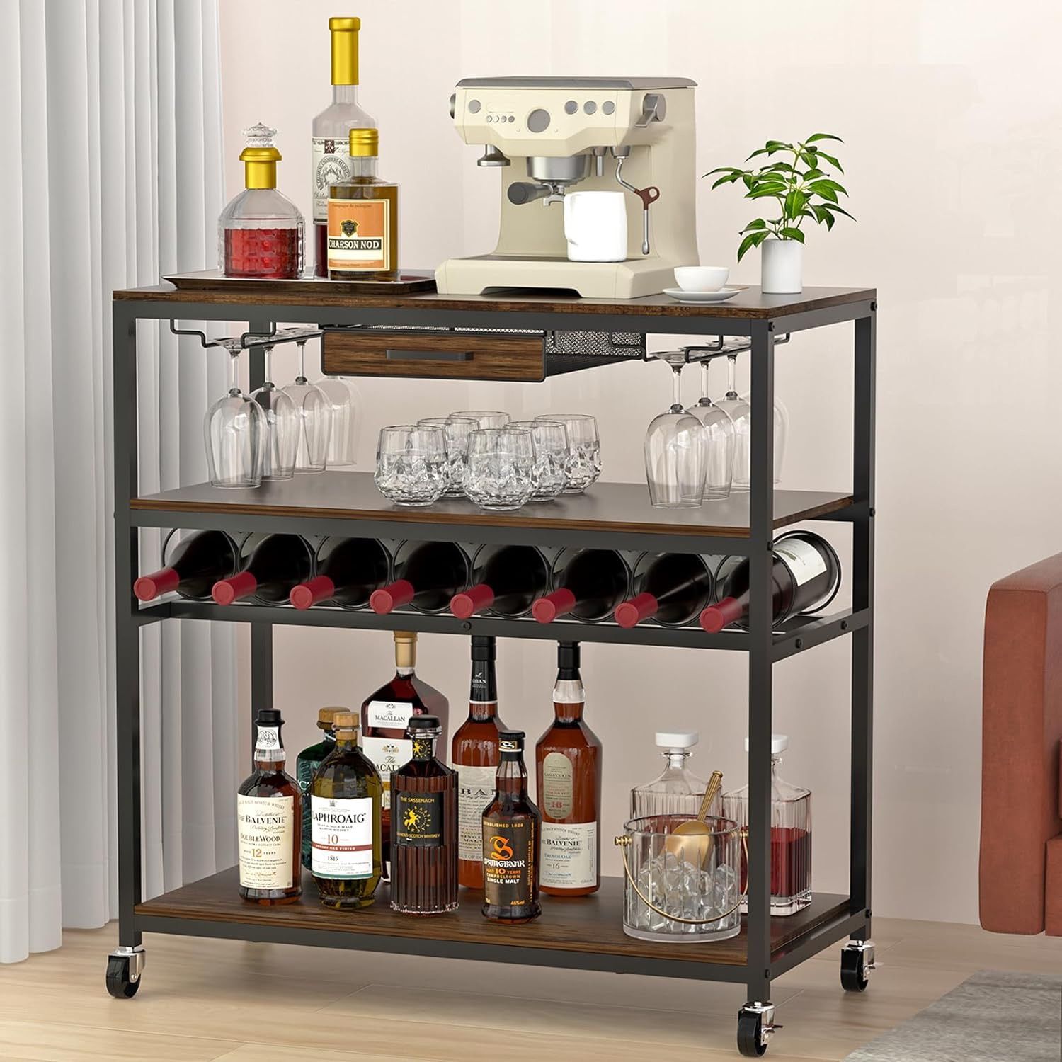 Wine Bar Cabinet with Rolling Wheels, 32 Industrial Coffee Bar - Main Image