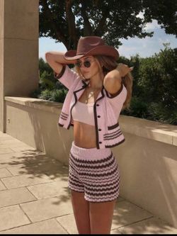 Women's Knit Cardigan, Short Sleeve Button Front Cropped Jacket, Beach & Summer Travel Daily Outfits Wear. Pink top is not included