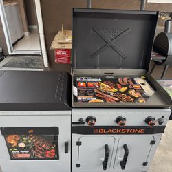 Blackstone Bronco Plancha de Propano 3 en 1 de 3 Quemadores, 28" XL, Parrilla de Pellets para Ahumador Vertical y Combo de Carrito de Preparación