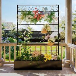 LE05 $100 Metal Planter Box With Trellis, Outdoor Raised Garden Bed With Privacy Screen For Climbing Plants Overall Dimensions 70.9'' H X 47.2'' W X
