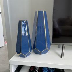 2 Blue & Gold Normanson Ceramic Table Vessel Decor, Vase Set, Everly Quinn