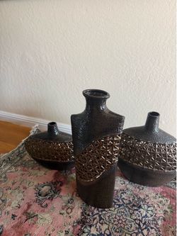 ✨ Modern 3-Piece Ceramic Decorative Vase Set (Bronze / Espresso Lattice)