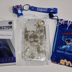 Aphelios Disney Stitch iPhone 15 Pro 6.1" Case, HD Screen Protector, Wrist Strap, Kickstand, Bag