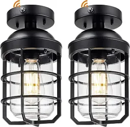 Brand new! Emliviar Dusk to Dawn 2 Pack Semi Flush Mount Ceiling Lamps with Clear Tempered Glass Shade, Modern Black Metal Cage Ceiling Lights with Ph