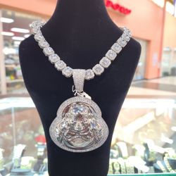 Large buddha Pendant with Clustered Tennis Chain available in Silver 