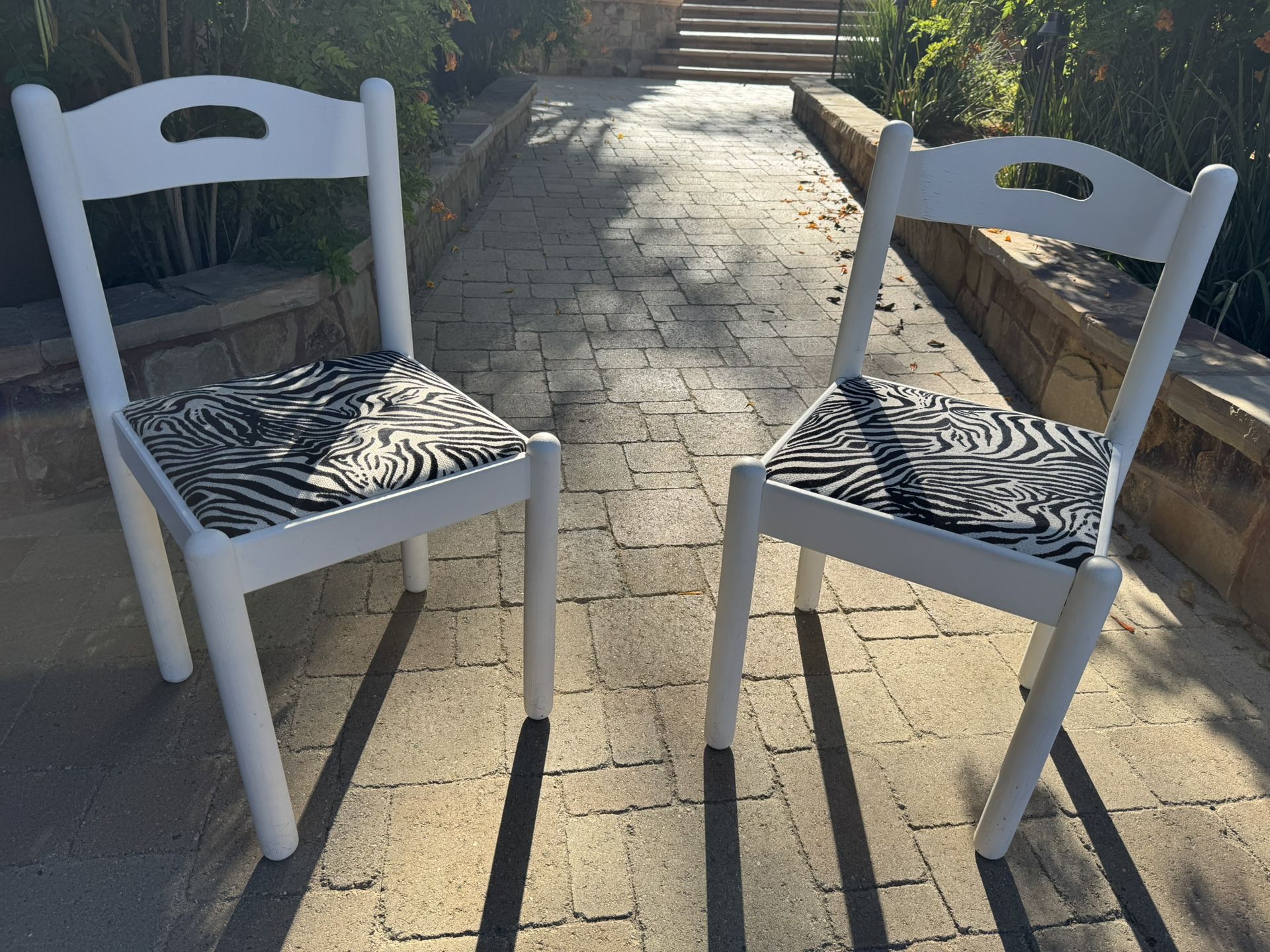 Pair of Vintage Antique accent Farm Style  chair with zebra upholstery distressed white