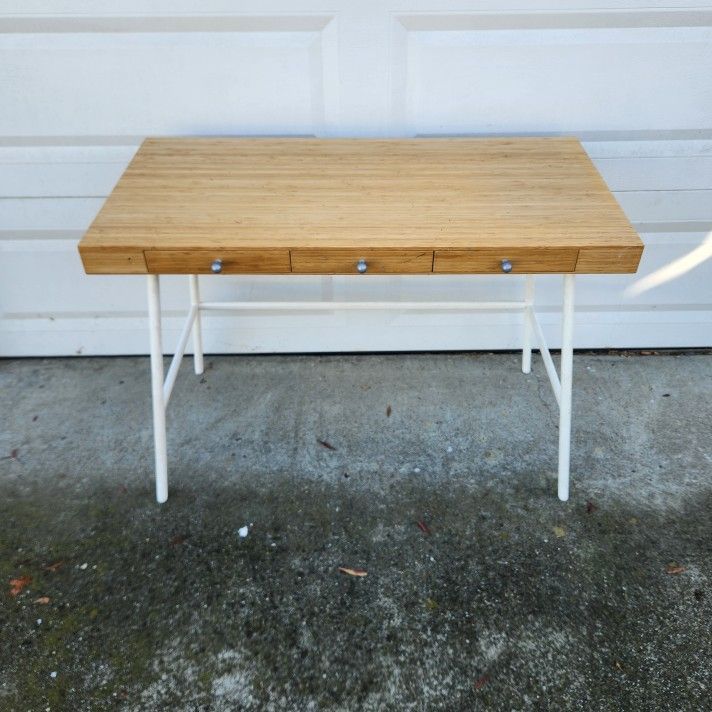 40" Desk Modern Natural Wood Finish Top w/ White Metal Legs _ Office Computer Console Table Furniture _ Drawers Slide Smoothly