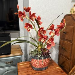 Large Artificial Orchid Arrangement in Decorative Asian-Style Pot • 29”