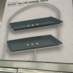Stoneware Holiday two tire serving trays with metal stand  approximately 15 by 15 