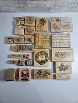 LOT OF 37 HOLLY CHRISTMAS WOOD RUBBER STAMPS