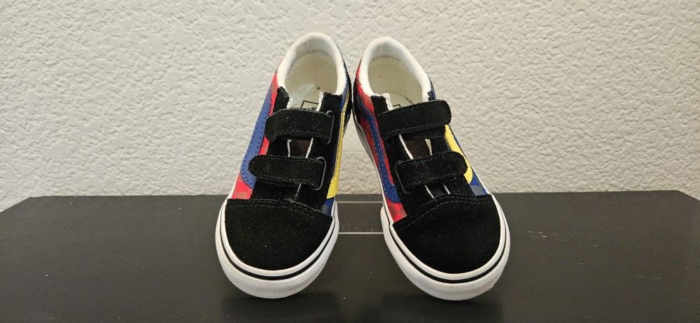 Toddler Size 4.0 Vans Old Skool V Checker Blue Red Yellow "OTW RALLY" Shoes