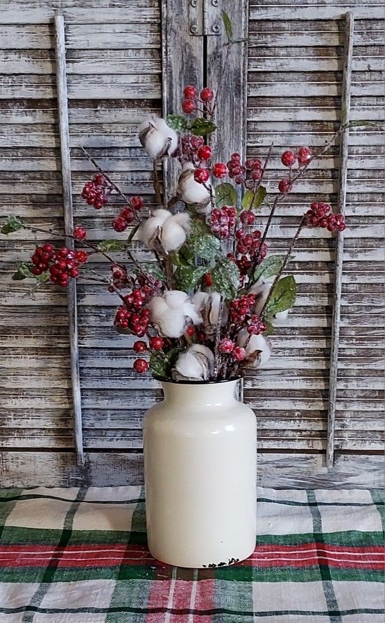Ht-22in Width-18in HANDMADE Artificial Berries With Greenery/cotton In A Off-white Rustic Metal Vase