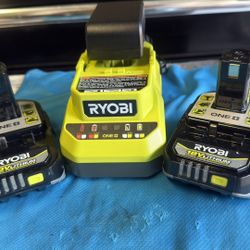 2 RYOBI 2ah HP BATTERIES AND CHARGER 