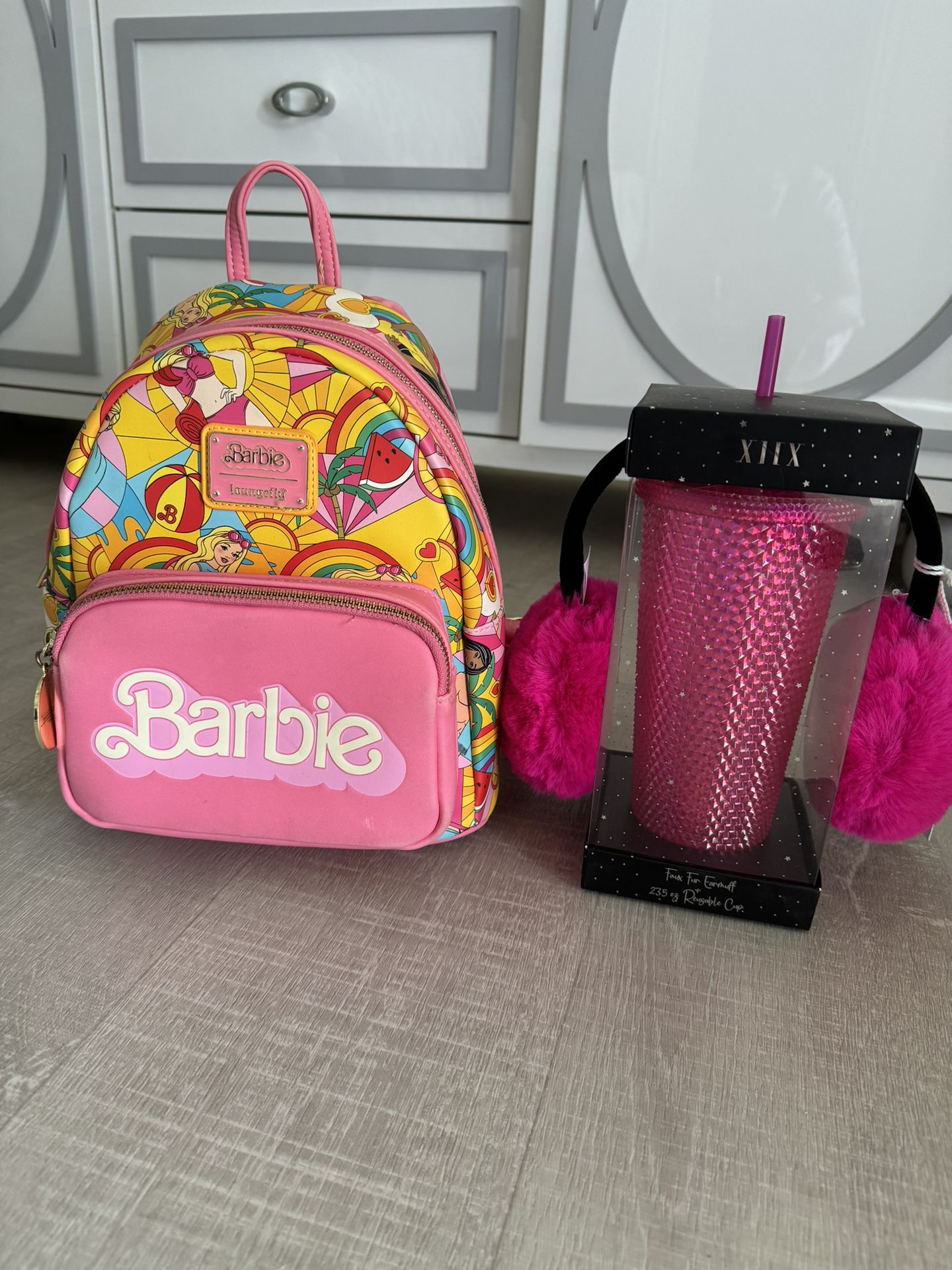 Loungefly Barbie Mini Backpack And Tumbler with Ear Warmer Bundle 
