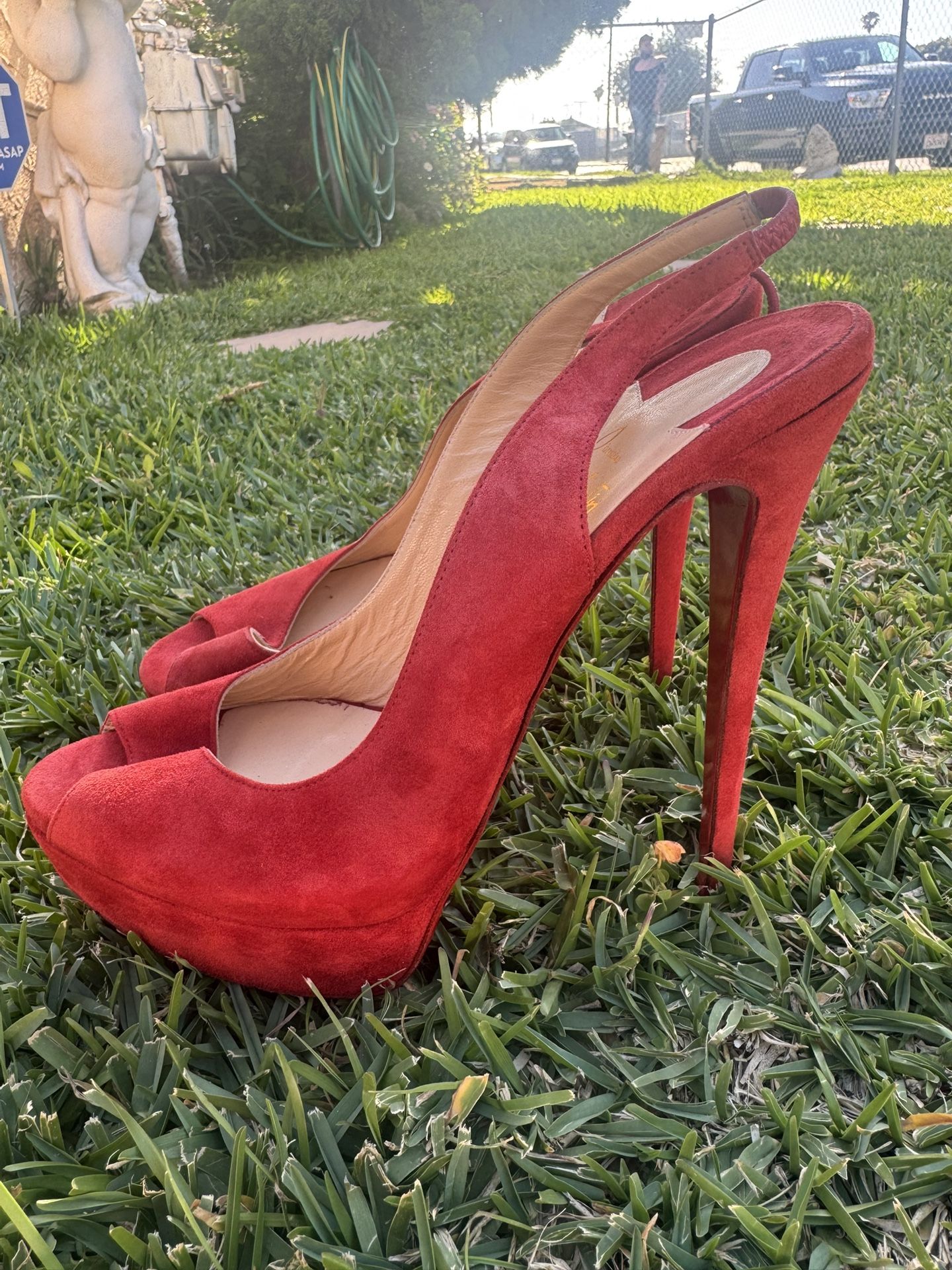Christian Louboutin Peep Toe Slingback Pumps Red Stiletto Heels Size 41