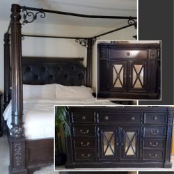 King size bedroom set, Canopy bed, Dresser with Mirror, Nightstand, Bedside Table