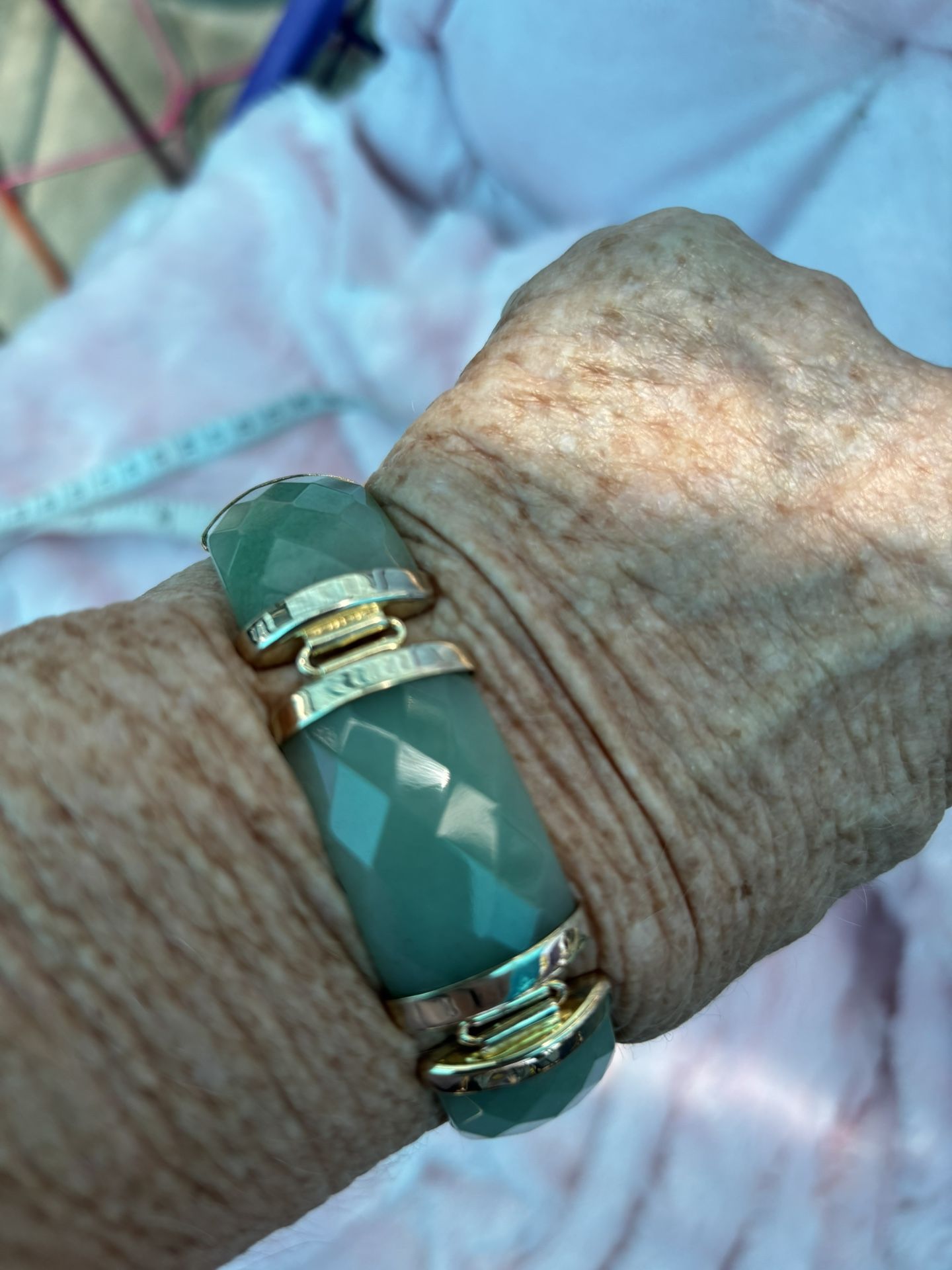 Faceted Rectangular Bezel Set Aventurine Bracelet In Gold Played Metal Marked 925