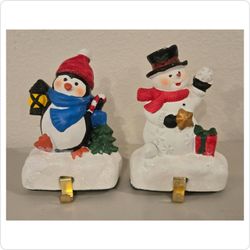 Vintage Style Snowman & Penguin Christmas Stocking Holders – Set of 2 (~5")