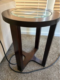 Round Dark Wood Side Table with Glass Top