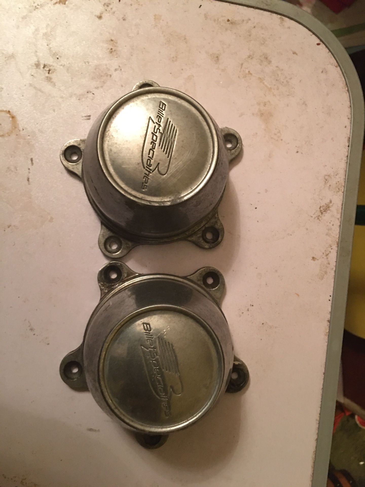 2-BILLET SPECIALTIES CENTER CAPS USED IN GOOD CONDITION FOR BILLET RIMS $20.00