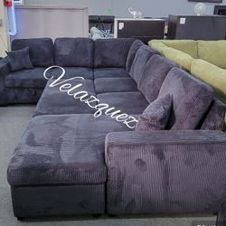 ✅️✅️4 pc Black corduroy fabric sectional sofa with storage chaise and love seat and pop up sleep area in center USB charging✅️