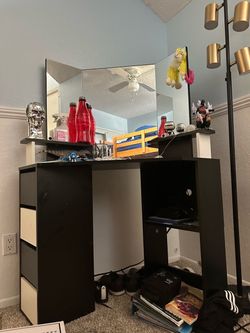 Black Vanity Desk with Tri-Fold Mirror