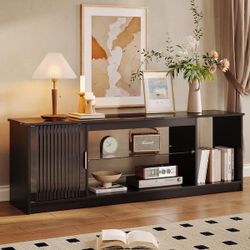 Bestier 57 in. Fluted Glossy Black TV Stand Fits TV Up to 65 in. LED Entertainment Center with Cabinet and Adjustable Shelf