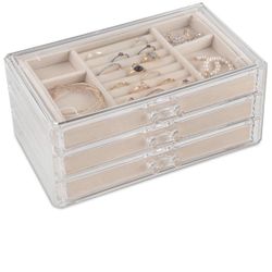 Acrylic Jewelry Organizer Box Women – 3 Drawers Clear Storage Case for Girls – Bracelet, Necklace & Ring Holder with Velvet Lining