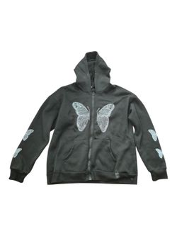 Black Zip-Up Hoodie with White Butterfly Motif - Women's XL