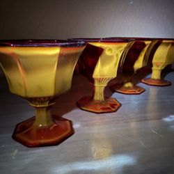 4 Vintage Cadmium Glass Independence Ruby Red Amberina Octagon Glass Goblets 