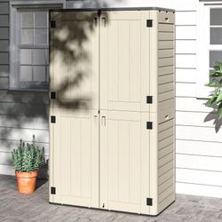 Vertical Resin Outdoor Storage, 50 cubic feet without Shelving for Garden Garage Poolside, Locking Capability, Khaki