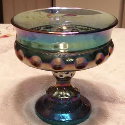 Vintage Blue Kings Crown Carnival Glass Compote